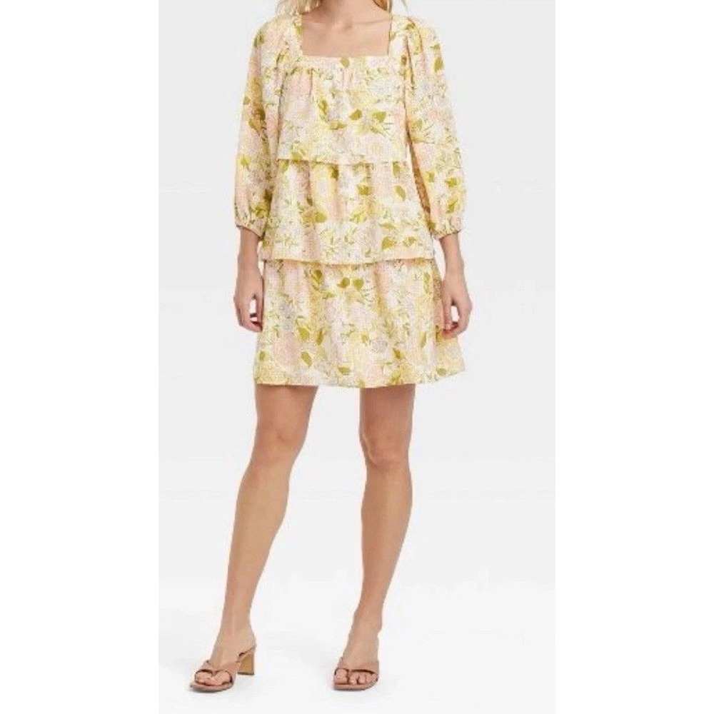 Who What Wear Pastel Floral Square Neck Tiered Babydoll Swing Dress Large C683